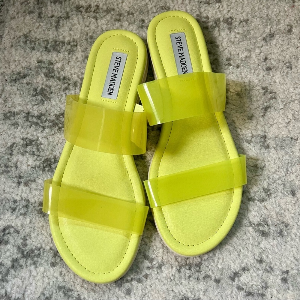 Steve Madden Greer Double Strap Sandals Green Yellow Slides - Picture 14 of 15